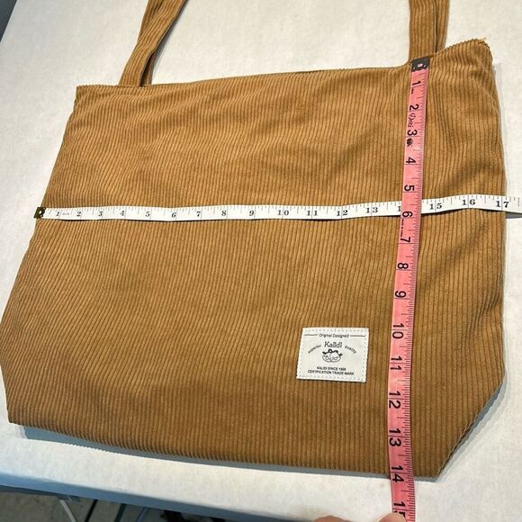 Kalidi Tote Bag Brown Tan Corduroy Zipper Top Handbag Shoulder Bag Pockets - Picture 6 of 8
